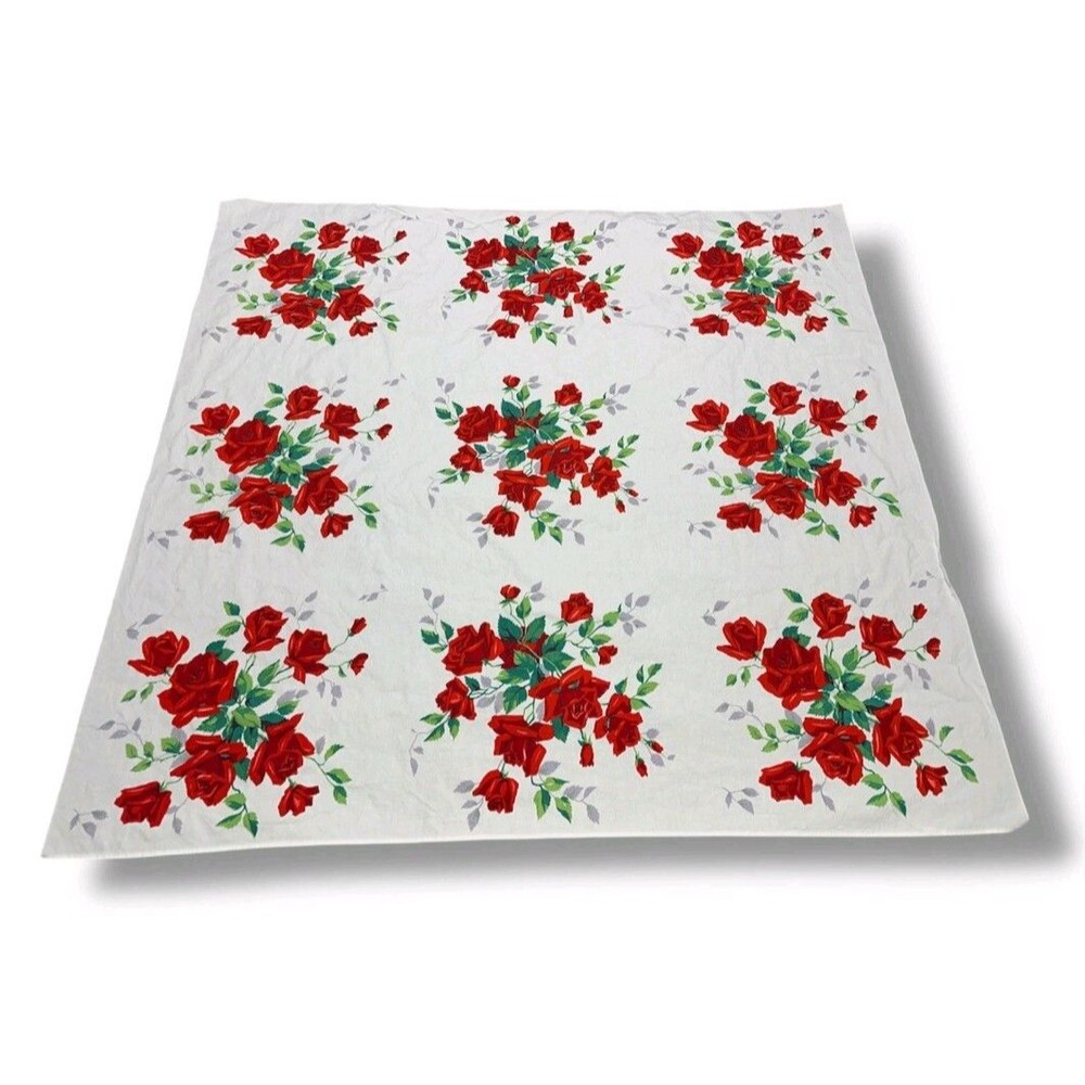 VTG Wilendur Cotton Mid Century Royal Rose Bouquet 54x54 USA-Made Tablecloth NOS
